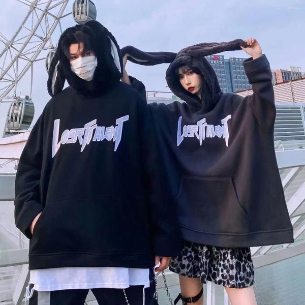 Hoodies femininos outono e inverno casal de pelúcia engrossado moletom design orelha de coelho moda feminina ins solto harajuku jaqueta com capuz