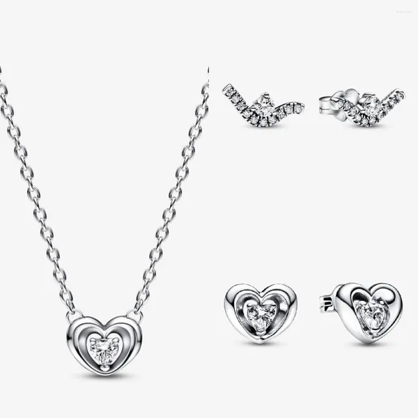 Серьги-гвоздики 2024 подарок на годовщину, стерлинговое серебро 925 пробы, сверкающие волны, сияющее сердце, ожерелья с плавающим камнем для женщин
