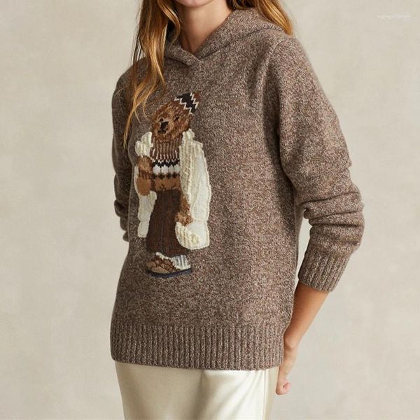 Suéteres femininos Natal 2024 Cartoon Bear Sweater Mulheres Roupas de Inverno Moda Manga Longa Pulôver de Malha 90% Lã 10% Cashmere Casaco