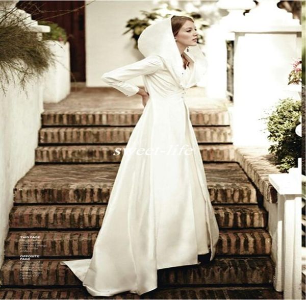 Elegante weiße, elfenbeinfarbene Schnee-Winter-Hochzeitsjacken, Mäntel mit langen Ärmeln, Knöpfen, bodenlang, maßgeschneiderte, günstige Mäntel für die Hochzeit Br1227762
