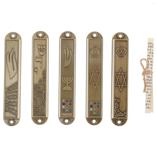 Cortina 5 pçs titular porta rolagem pilar sagrado mezuzah adorno judaica metal adorno poste símbolos decoração casa ornamento