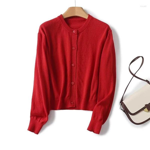 Damenstrick YENKYE Frauen Roter Strick Crop Cardigan Langarm O-Ausschnitt Einreiher Weiblicher Pullover Mantel