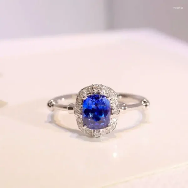 Anelli a grappolo SFL2024 Anello con zaffiro naturale da 1,27 ct con pietra preziosa blu reale, gioielli in oro massiccio 18 carati per donne con diamanti