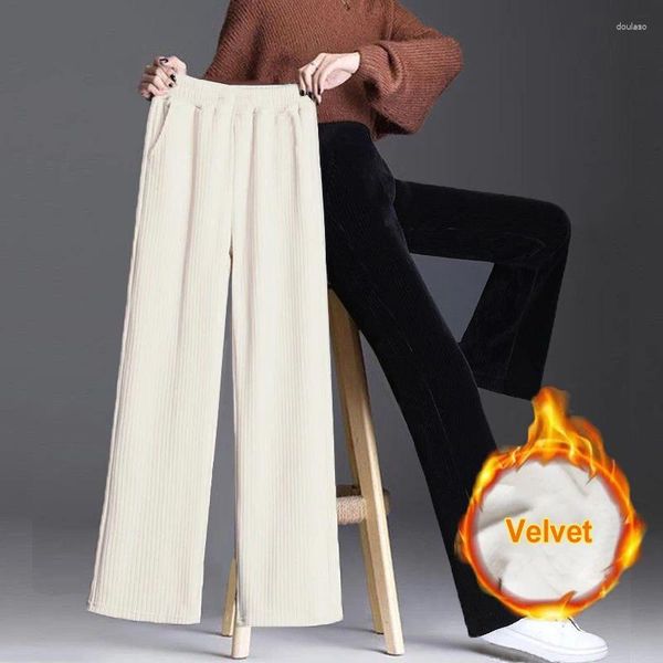 Pantaloni da donna in velluto a coste foderato in pile da donna Autunno Inverno caldo elastico a vita alta pantaloni a gamba larga pantaloni sportivi in velluto peluche casual