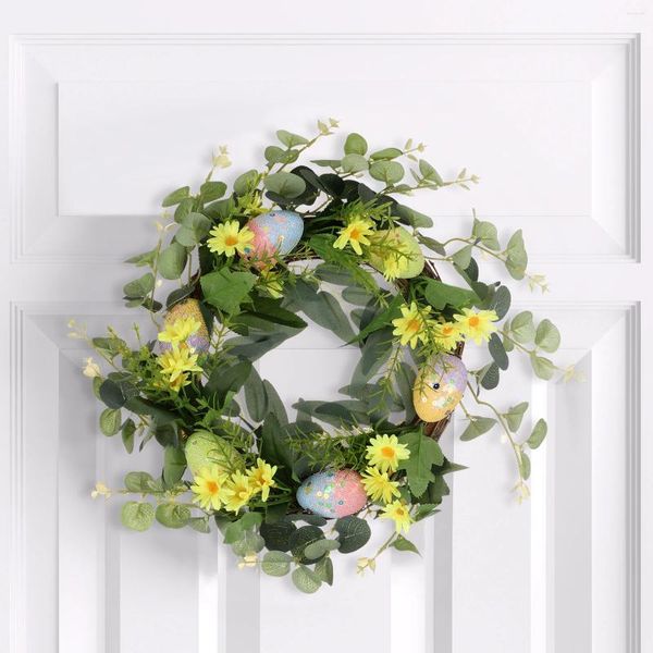 Flores decorativas atmosfera festiva artificial grinalda de páscoa videira rattan anéis casa decoração do jardim pano de seda decoração da porta ovos de espuma