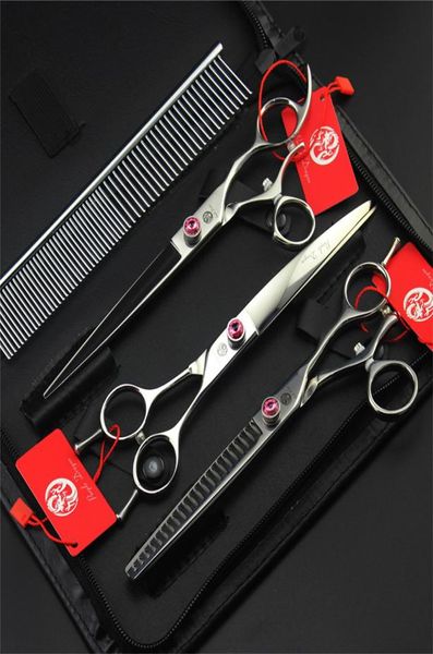 Whole75 em polegar giratório profissional conjunto de tesouras para animais de estimação japão 440c reta desbaste curvado tesoura corte cabelo do cão groomin5819897