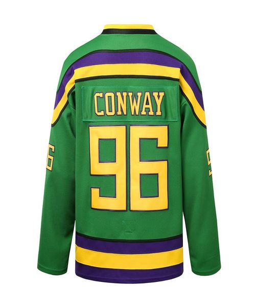 Mighty Ducks Hokey Film Gerileme Jersey 96 Conway Sweatshirts Yeşil Beyaz Özel Spor Açık Dış Mekan Çok Molor Hızlı İşlemeli PU6433240
