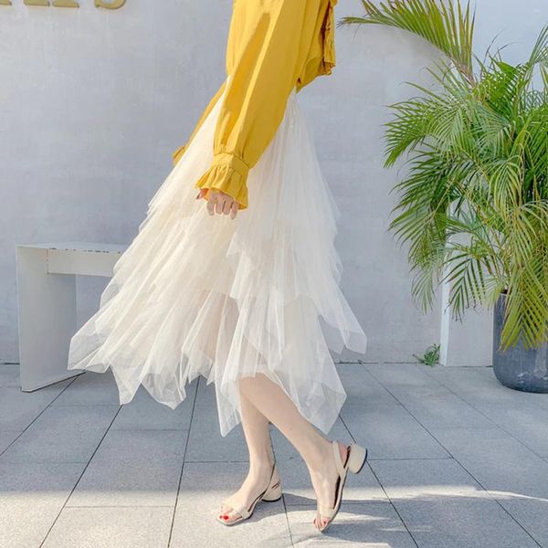 Casual Kleider Unregelmäßige Lange Kleid Rock Frauen Soild Farbe Hohe Elastische Hight Taille Mesh Tutu Spitze Trim Mehrschichtige Weiße Röcke 2024