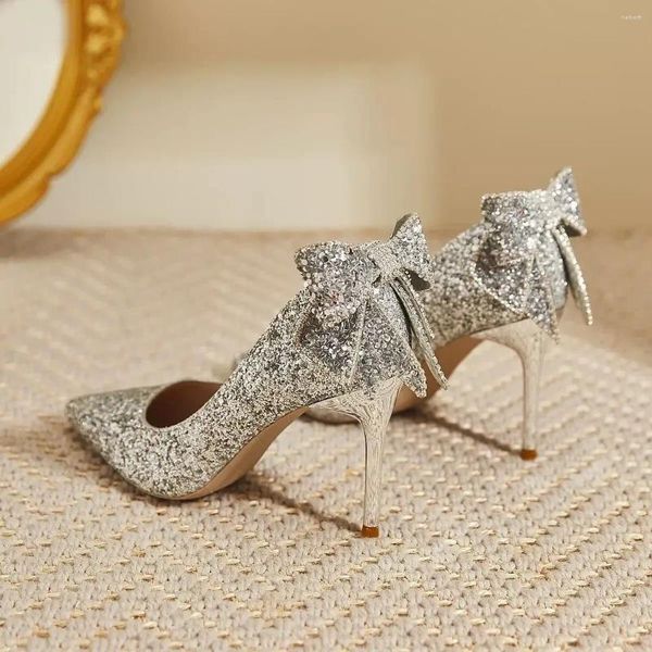 Scarpe eleganti Sposa francese Ragazza Strass di cristallo Papillon Tacco alto Punta a punta Décolleté da donna brillanti