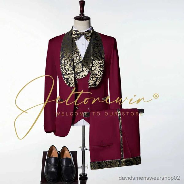 Herrenanzüge, Blazer, Marineblau, Hochzeitsanzüge für Männer, goldenes Blumenmuster, Schalkragen, Bräutigam, formeller Smoking, 3-teilig, Kostüm Homme, Terno, schmale Passform, Herrenanzug-Set