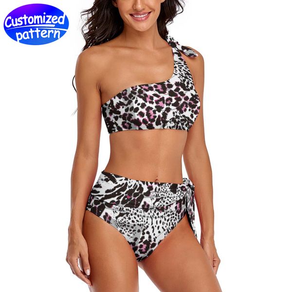 Costume da bagno bikini personalizzato da donna Cintura a vita alta su una spalla con stampa imbottita a trasferimento termico ad alta definizione Stampa leopardata 86% poliestere +14% Spandex 235 g bianco