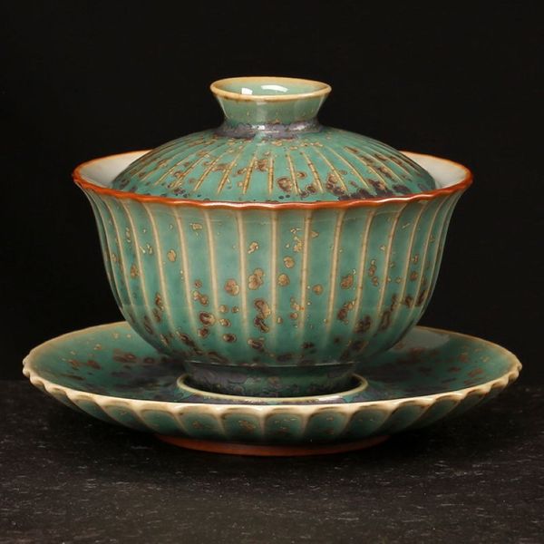 Vintage Glaze Kiln Change Gaiwan 100 ml grüne Keramik-Teeschalen mit Deckel Big Master Cup Pu'er Tea Tureen Teetasse Zubehör202m