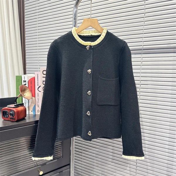 Kadınlar için kadın örgü dikiş örgü hırka, bahar kalınlaşmış tasarım düğmesi kazak ceketi tam kollar siyah üstler