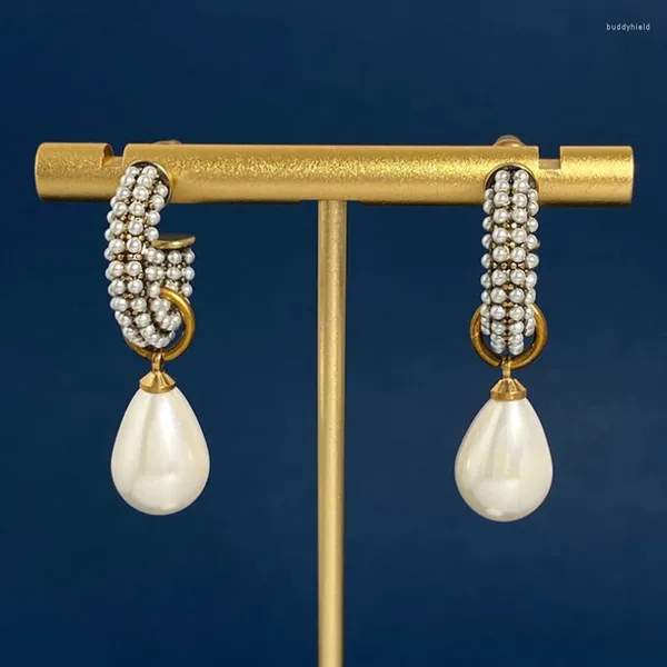 Orecchini pendenti Donia Gioielli Moda a forma di C Acciaio al titanio Micro zircone Argento Ago Accessori di perle di lusso