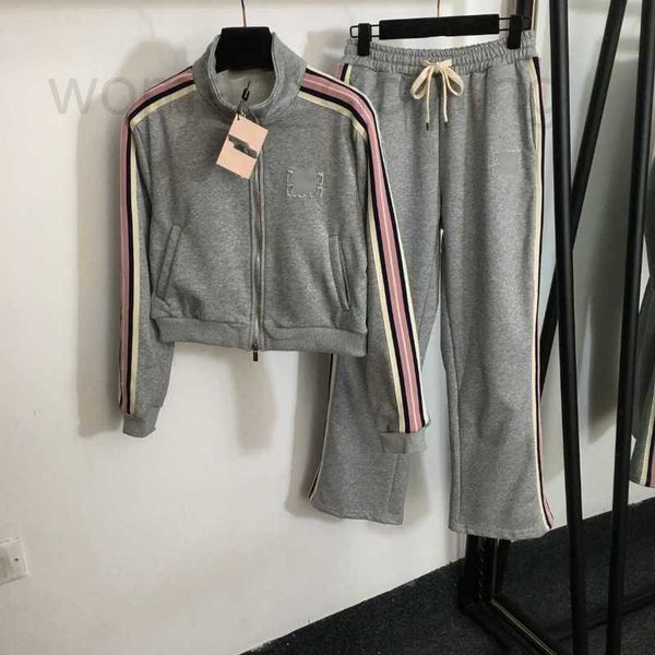 Mulheres Tracksuits Designer Novo conjunto de cinto de tecido listrado splicing stand up colarinho de manga comprida jaqueta com zíper + cordão cintura elástica casual calças de perna reta