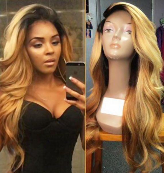 Raízes escuras 1b613 mix 27 loira corpo ondulado perucas longas com cabelo do bebê resistente ao calor perucas sintéticas da parte dianteira do laço para preto women8030361