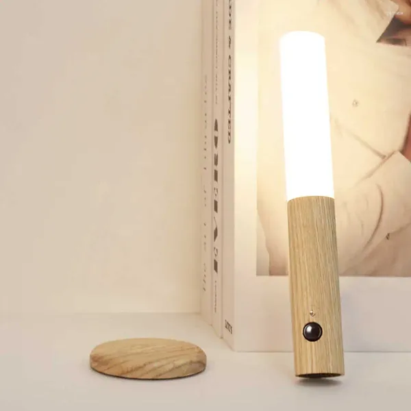 Lâmpada de parede luz noturna montada em mesa LED recarregável sensor IP20 à prova d'água iluminação de madeira decoração armário de cabeceira