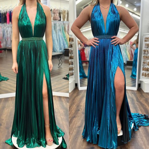 Halter pilili metalik balo kraliçesi elbise 2K24 Derin V yaka Prenses Uzun Preteen Pageant Kış Resmi Akşam Kokteyl Partisi Pist Black-Tie Gala Peacock Emerald