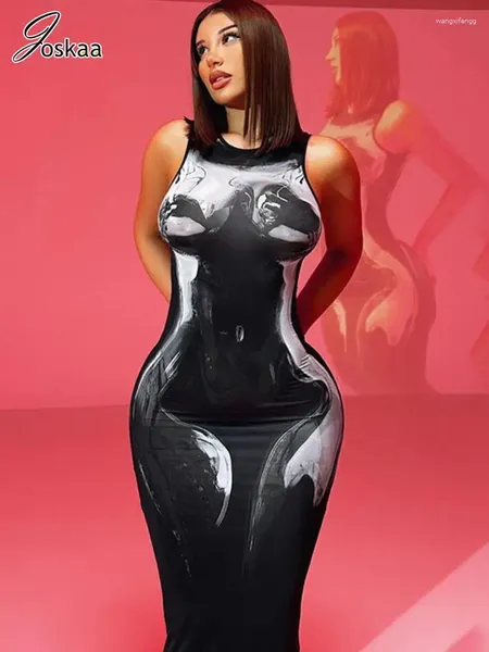 Повседневные платья Joskaa Fashion 3D Body Print Maxi Women Hipster Сексуальное облегающее платье без рукавов с круглым вырезом 2024 Весенняя вечеринка Ночная клубная одежда