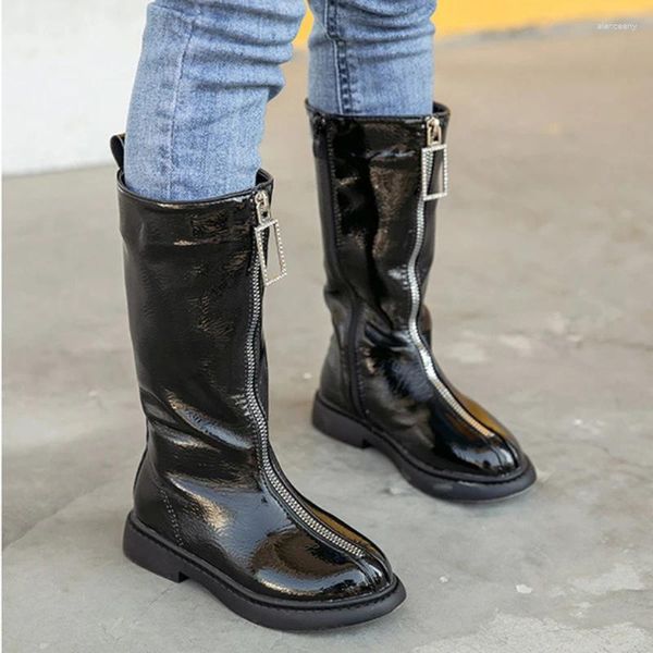 Botas crianças sapatos casuais 2024 outono primavera crianças moda meados de bezerro meninas chique frente zíper brilhante passarela