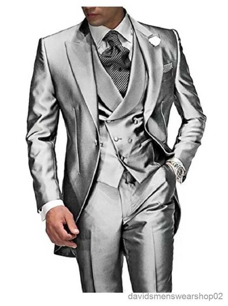 Ternos masculinos Blazers Carvão Cinza Terno Masculino Lapela Repicada 3 Peças 1 Botão Noivo Smoking Terno de Casamento Para Homens Conjunto Feito Sob Encomenda (Jaqueta + Calça + Colete)