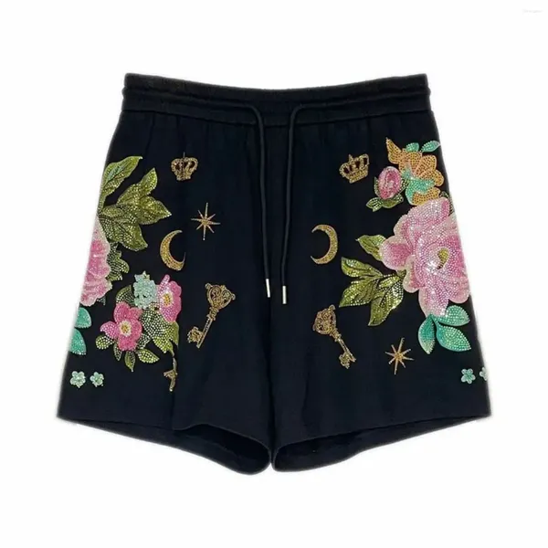 Calças femininas pesadas de ferro broca shorts elástico cintura alta magro retro floral perna larga coreano comentários muitas roupas ropa de mujer