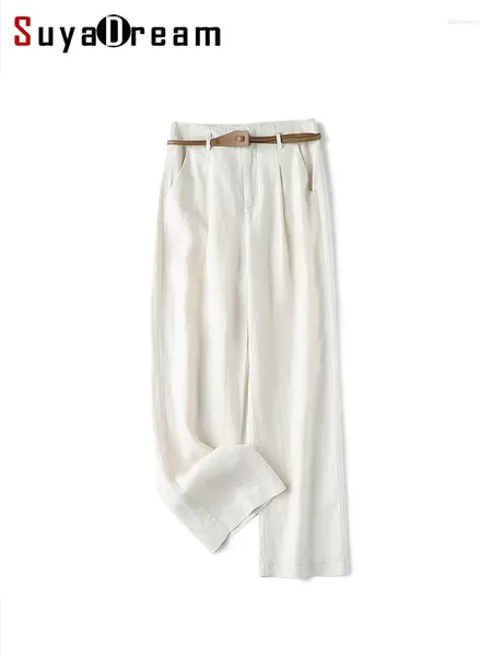 Pantaloni da donna SuyaDream Donna Gamba larga lunga Misto lino Cintura solida Vita Pantaloni a figura intera 2024 Primavera Estate Office Lady Bottoms