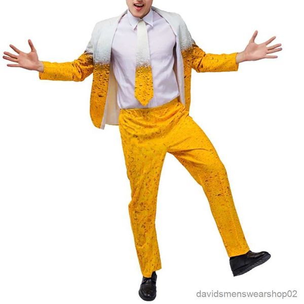 Abiti da uomo Blazer Abito da birra da uomo Oktoberfest Set cosplay 3D Divertente Umorismo Costume da addio al celibato Colore giallo Lunghezza regolare Manica lunga