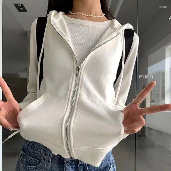 Felpe con cappuccio da donna Deeptown Felpe con cappuccio con zip corta Donna Moda coreana Felpa con cappuccio corta bianca Oversize Kpop Casual Streetwear