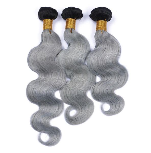 9A Vergine Brasiliana 1BGrey Ombre Capelli Umani 3 Pz Estensioni Dei Capelli Dell'onda Del Corpo Radici Scure Argento Grigio Ombre Capelli Umani Brasiliani Weav9964977