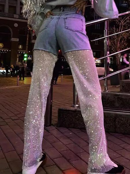 Calças femininas primavera oco-out fishnet costura jeans retos estilo rua solto calças jeans de cintura alta