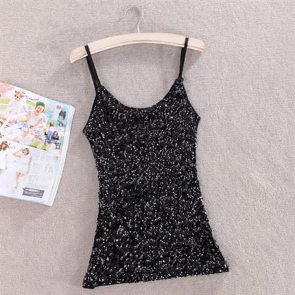 Kadın Tankları Düz ​​Renkli Sequin Elbise Kiliz Spagetti Kayış Tank Top Kadınlar İçin Parlak O Parlak O Boyun İnce Fit Yelek Ayarlanabilir Kayışlar