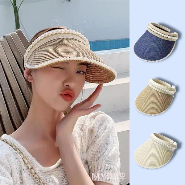 Berretti Protezione solare Cappello a cilindro vuoto per le donne estive Ins Fascia per capelli a tesa larga Intrecciata in paglia Sun Beach Gita con visiera perlata