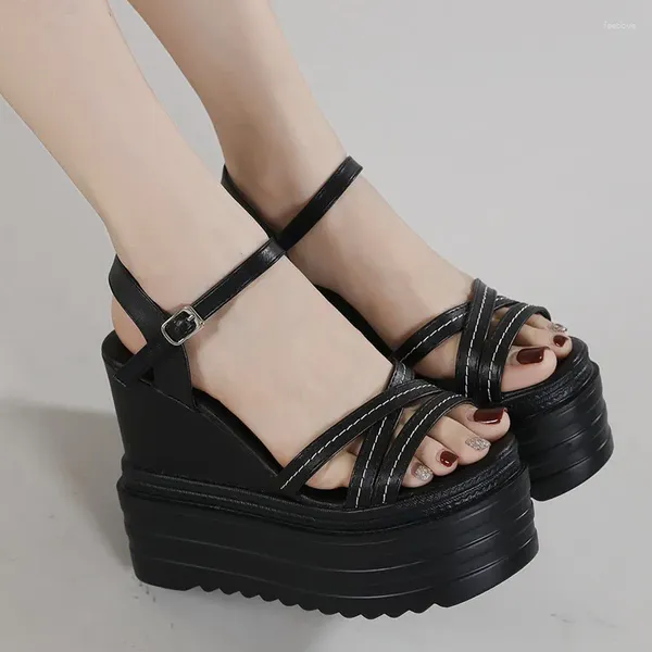 Sandali da donna zeppe tacco alto punta aperta 2024 scarpe estive sexy con plateau nere per abbigliamento esterno