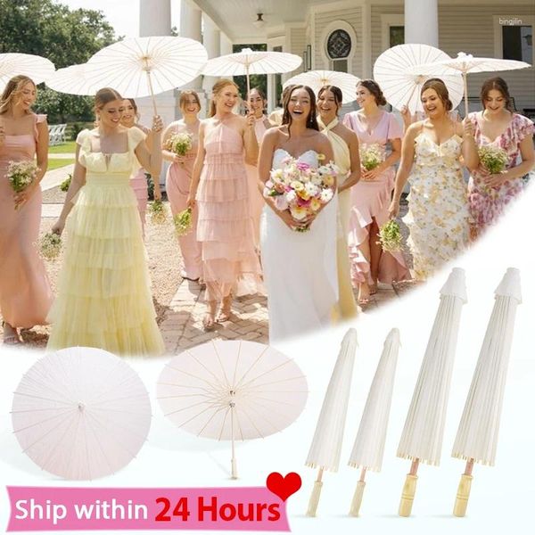 Ombrelli di carta da matrimonio con manico in legno bianco - Set di ombrelli cinesi fai-da-te per oggetti di scena per baby shower, feste, 60/84 cm