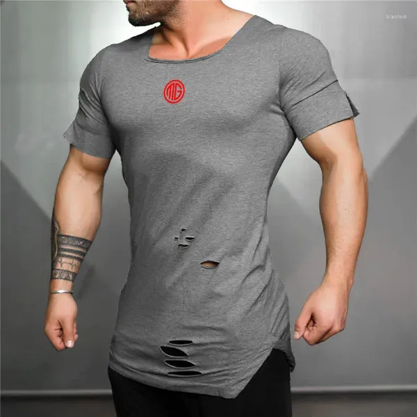 Homens camisetas Muscleguys Marca Estender Camisa Longa Homens Moda Vintage Buraco Hip Hop Fitness T-shirt Verão Manga Curta Slim Fit Ginásios Tshirt