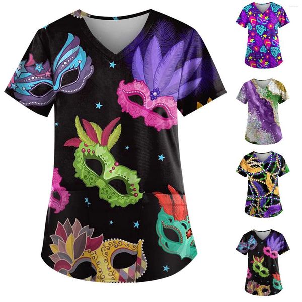 Mulheres Camisetas Mardi Gras Carnaval Roupa Temática Máscara de Festa Padrão Cuidador Top Elegante e Jovem Mulher Blusas Atraentes na Moda