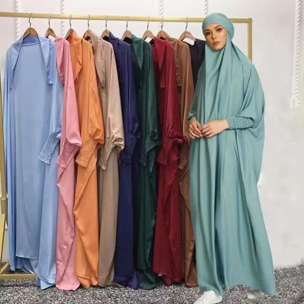 Abbigliamento etnico Ramadan Abito musulmano Abito lungo con manica Cinch di un pezzo Preghiera Hijab Jilbab Donna Abaya con cappuccio Niqab Islam Dubai Pianura