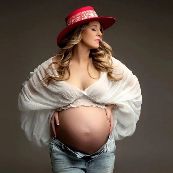 Vestidos de maternidade para sessão de fotos das mulheres plissado topo feminino dobra puff manga solta maxi vestido fotografia grávida pano