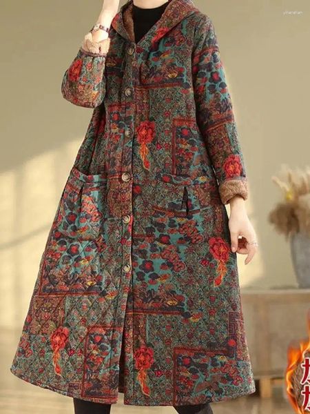 Trench da donna Donna di media lunghezza in pile e addensato con cappuccio Abbigliamento vintage in stile etnico Fiore caldo maniche lunghe monopetto
