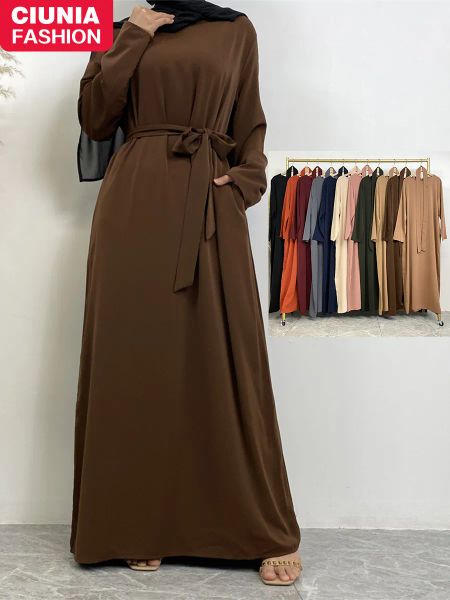 Платья Новое поступление Модное мусульманское кимоно Абая Нида с небольшими карманами на рукавах Дубай Исламские платья Турция Химар Халат Марокканский женский кафтан