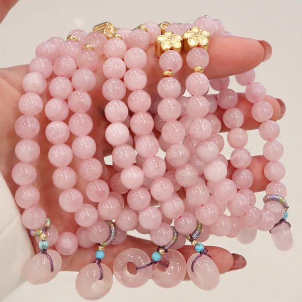 Braccialetti di lusso rotondo fascino 8mm quarzo rosa naturale braccialetti di filo di perline per le donne festa di nozze femminile gioielleria raffinata all'ingrosso YBR677