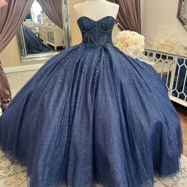 Marineblaues Glitzer-Kristall-Pailletten-Ballkleid Quinceanera-Kleider aus der Schulter, Perlenkorsett, Vestidos de 15 Jahre