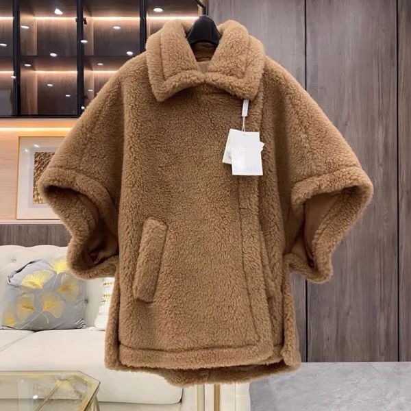 Kolyeler 2023 Kış Gerçek Yün Palto Kadınlar Moda Teddy Poncho Lady Street Giyim Yün Pelerin Kalın Sıcak Palto BL3696