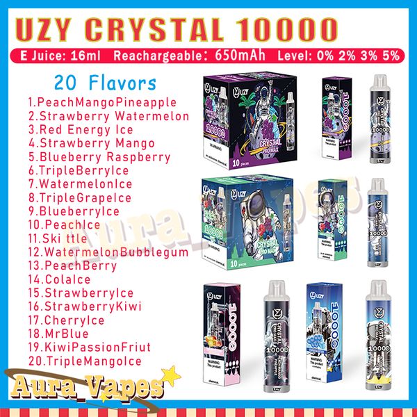 Autêntico Uzy Crystal Pro Max 10000 Puff Descartável E Cigarros 16ml Pod Bateria Recarregável Puffs 10K 0% 2% 3% 5% RBG Light Vape Pen