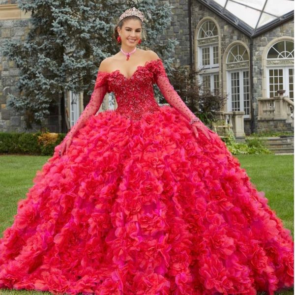 Rotes Ballkleid Quinceanera-Kleider, schulterfrei, Spitze, Perlen, Tüll, abgestuft, langärmelig, Korsett, süßes 16. Kleid für 15 Jahre