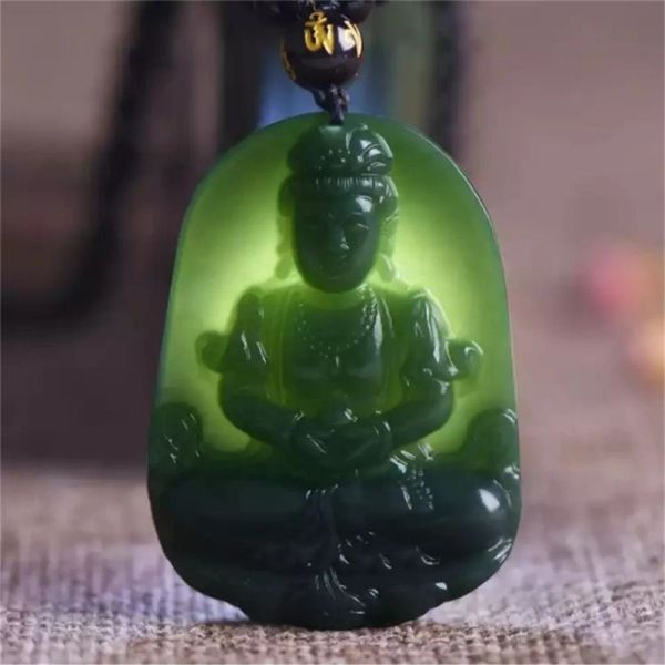 Pingentes retro natural verde escuro hetian jade esculpido bênção chinesa guanyin jade pingente amuleto colar para homem vintage charme jóias