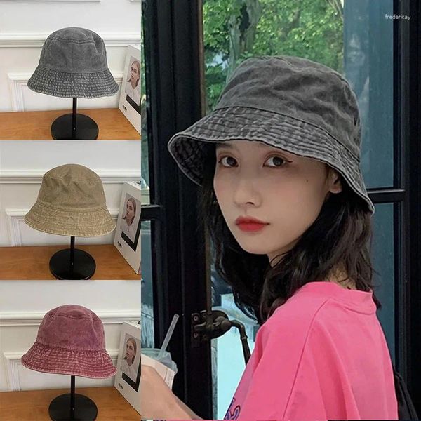 Berets outono japonês lavado velho denim pescador chapéu cor sólida moda placa de luz casal homens e mulheres chapéus de sol balde boné 2024