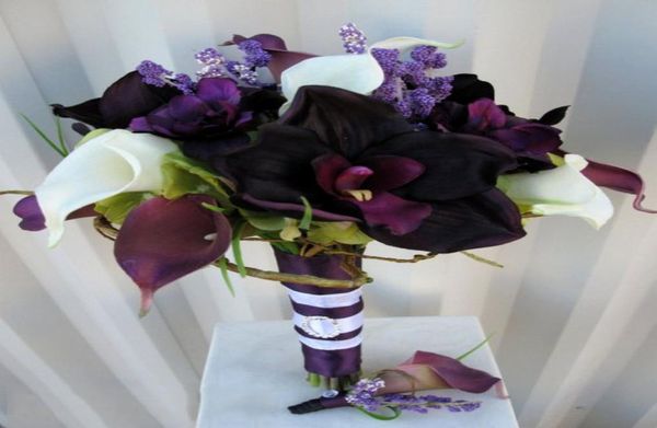 Buquê de casamento buquê de noivas ameixa toque real calla lírio orquídea buquê de noiva buquê de flores de seda acessórios de noiva 8502782