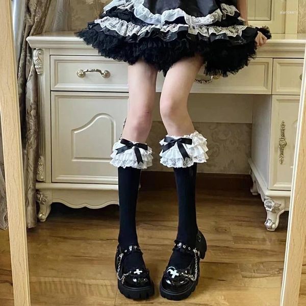 Women Socks JK Lolita Stockings Y2k Girls Ruffle Long Japanese Style Kawaii Bowknot Cute Lacework Knee